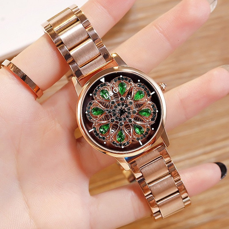 Top Luxury Women's Watch Lady Stainless Steel Watches Shining Rotation Women Rose Watch Clock montre femme cuir dames horloge