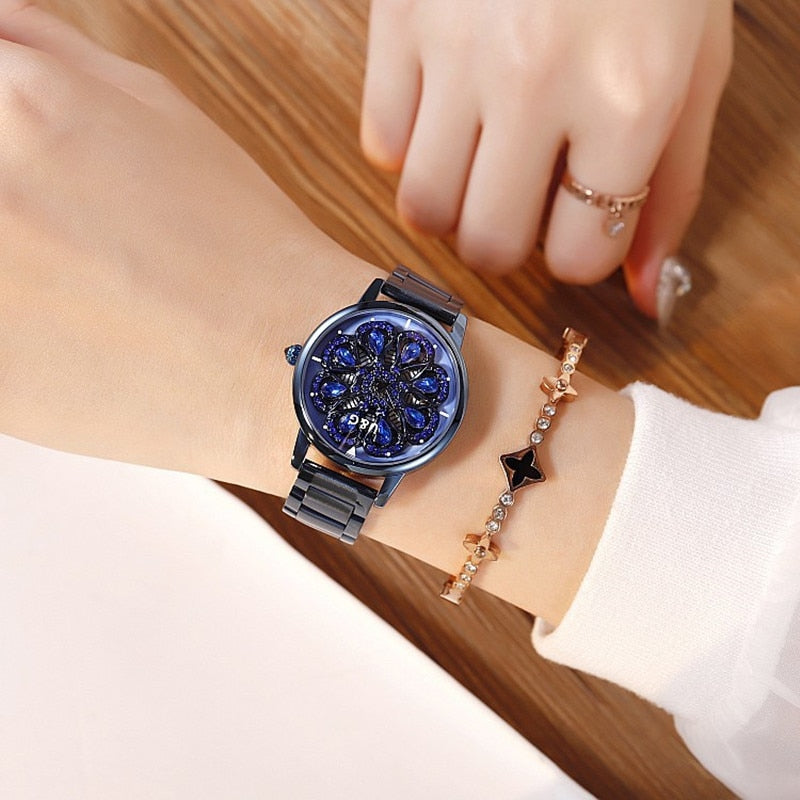 Top Luxury Women's Watch Lady Stainless Steel Watches Shining Rotation Women Rose Watch Clock montre femme cuir dames horloge