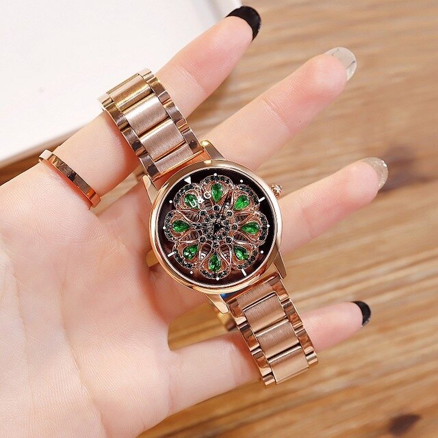 Top Luxury Women's Watch Lady Stainless Steel Watches Shining Rotation Women Rose Watch Clock montre femme cuir dames horloge