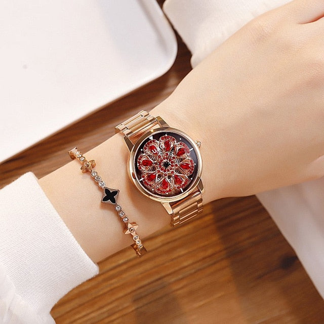 Top Luxury Women's Watch Lady Stainless Steel Watches Shining Rotation Women Rose Watch Clock montre femme cuir dames horloge