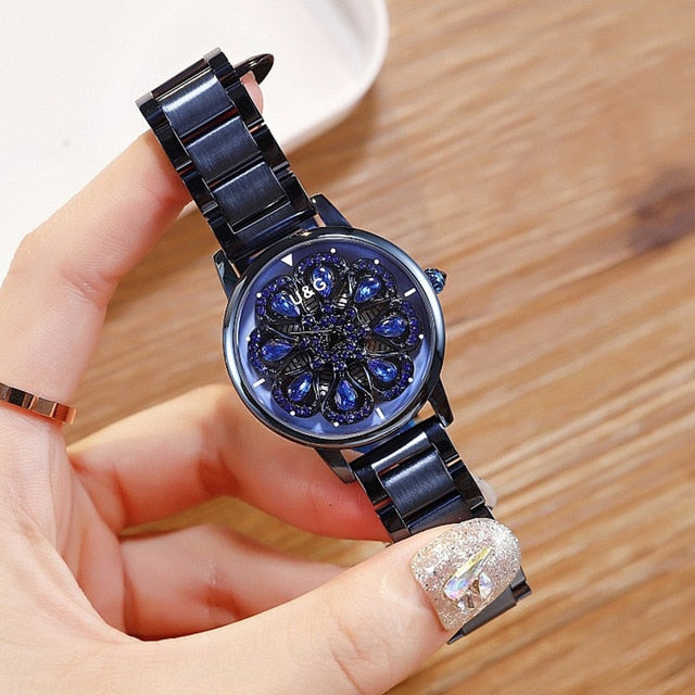 Top Luxury Women's Watch Lady Stainless Steel Watches Shining Rotation Women Rose Watch Clock montre femme cuir dames horloge