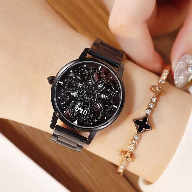 Top Luxury Women's Watch Lady Stainless Steel Watches Shining Rotation Women Rose Watch Clock montre femme cuir dames horloge