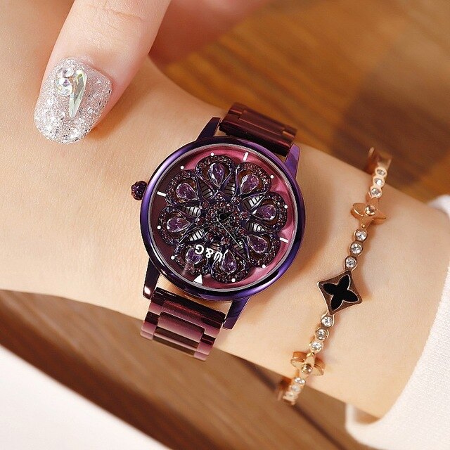 Top Luxury Women's Watch Lady Stainless Steel Watches Shining Rotation Women Rose Watch Clock montre femme cuir dames horloge