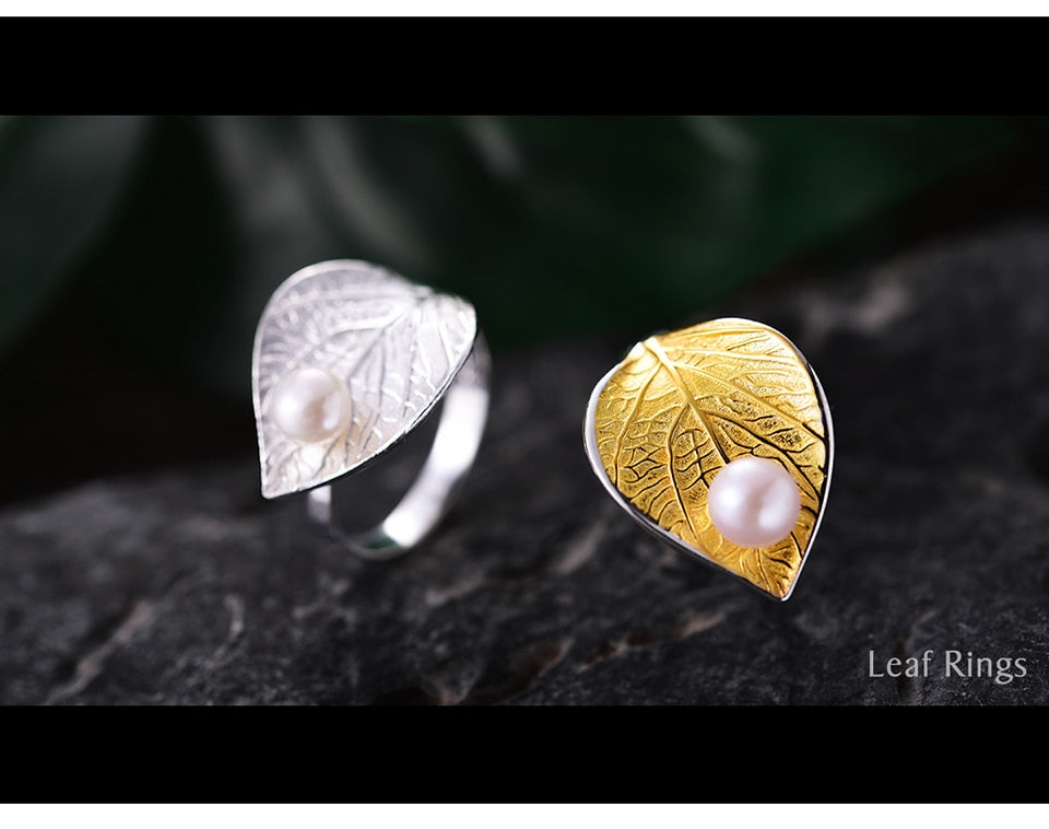 Lotus Fun Real 925 Sterling Silver Natural Pearl 18K Gold Leaf Ring Fine Jewelry