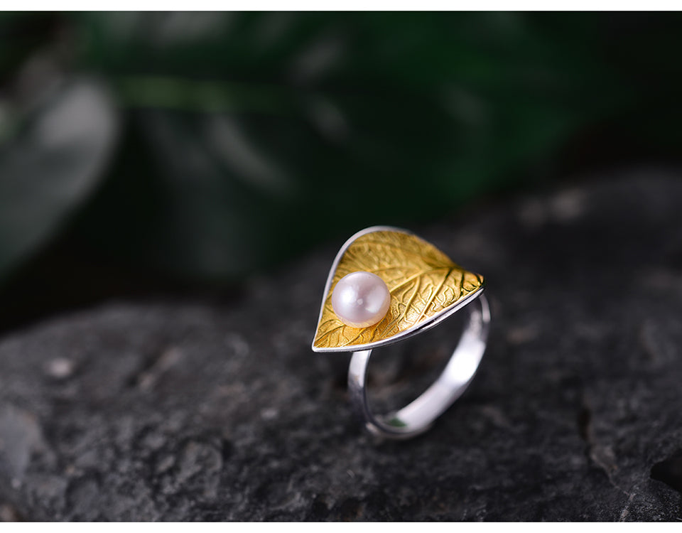 Lotus Fun Real 925 Sterling Silver Natural Pearl 18K Gold Leaf Ring Fine Jewelry
