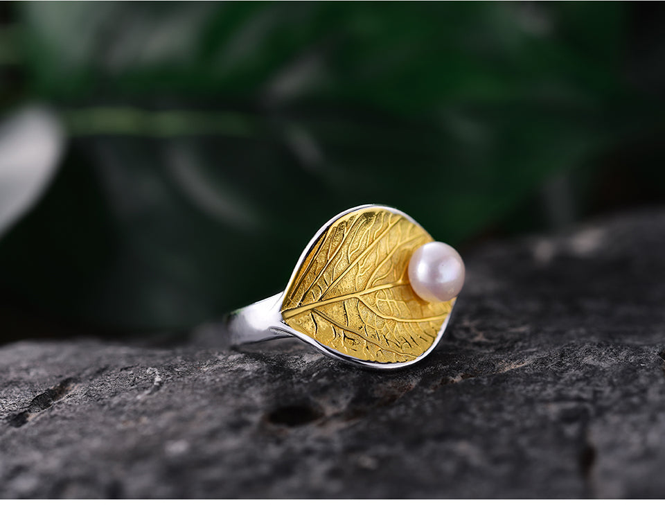 Lotus Fun Real 925 Sterling Silver Natural Pearl 18K Gold Leaf Ring Fine Jewelry