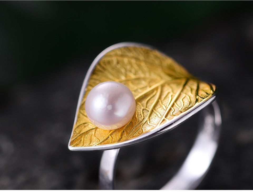 Lotus Fun Real 925 Sterling Silver Natural Pearl 18K Gold Leaf Ring Fine Jewelry