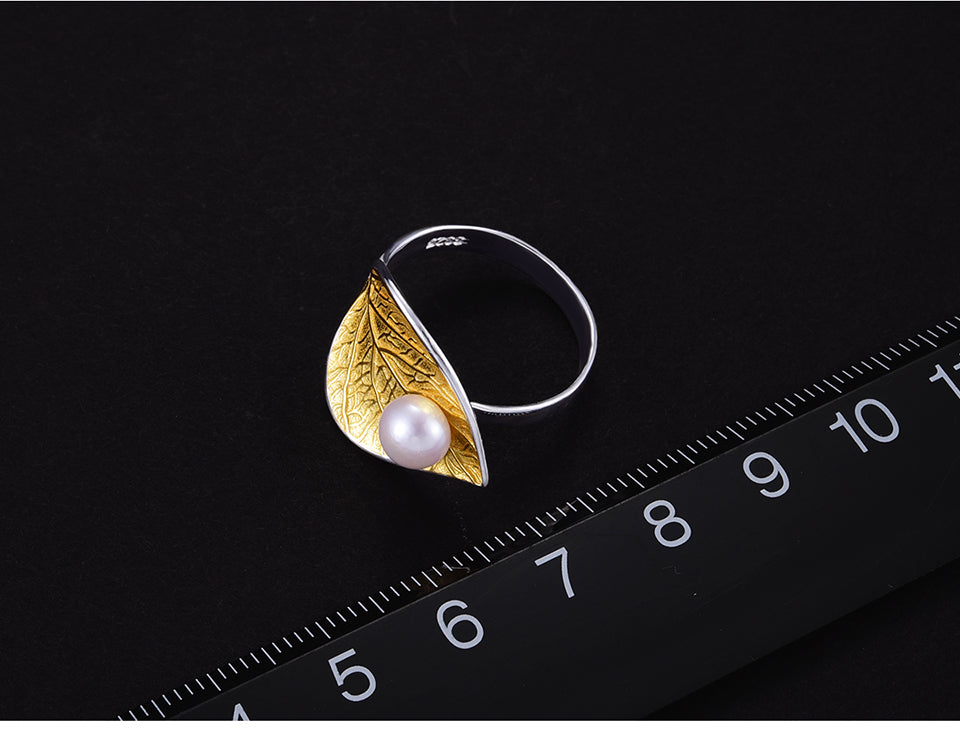 Lotus Fun Real 925 Sterling Silver Natural Pearl 18K Gold Leaf Ring Fine Jewelry
