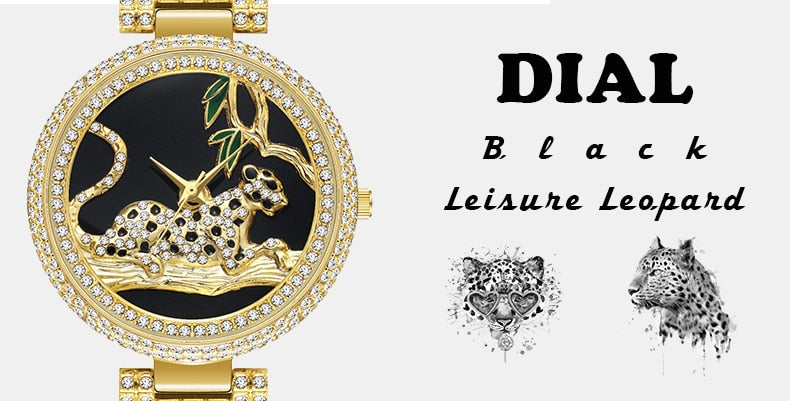 MISSFOX Women Watches Women Luxury Brand Fashion Black Leopard Gold Watch Diamond Womens Watches Top Brand Female Wrist Watch