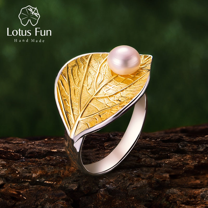 Lotus Fun Real 925 Sterling Silver Natural Pearl 18K Gold Leaf Ring Fine Jewelry