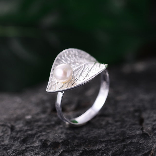 Lotus Fun Real 925 Sterling Silver Natural Pearl 18K Gold Leaf Ring Fine Jewelry