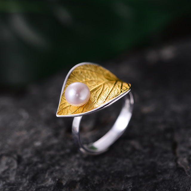 Lotus Fun Real 925 Sterling Silver Natural Pearl 18K Gold Leaf Ring Fine Jewelry