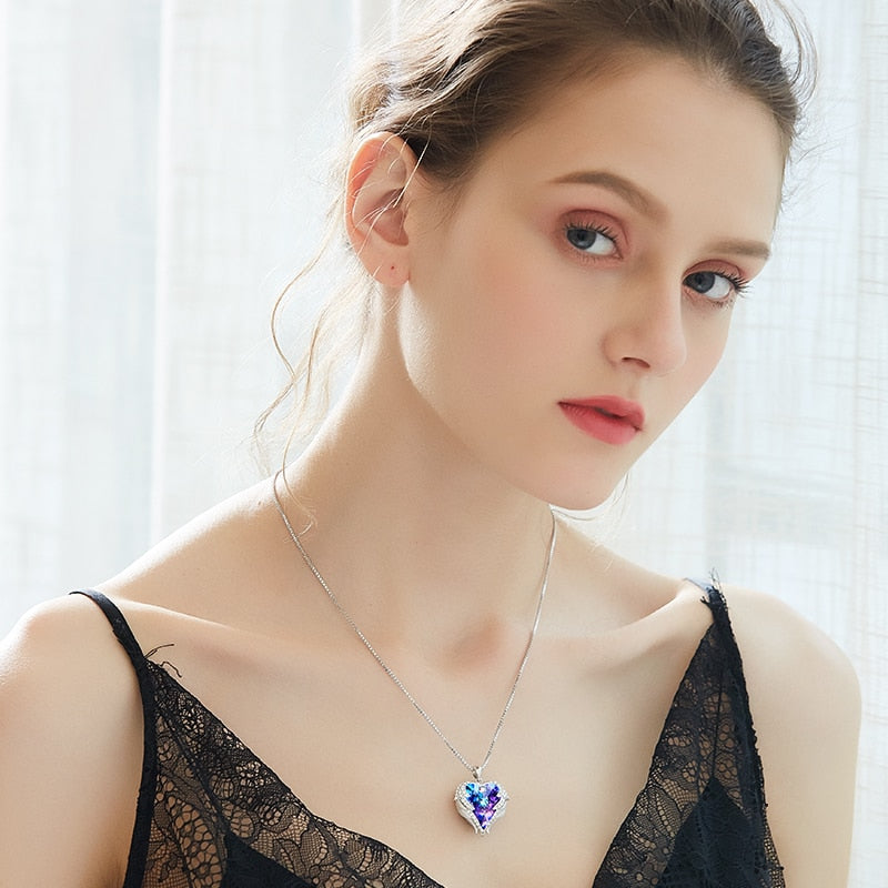 CDE Fashion Angel Wings Heart Shape Pendant Necklace with Amethyst Crystal for Women Fine Jewelry Valentine's Day Gifts...  gift for girls