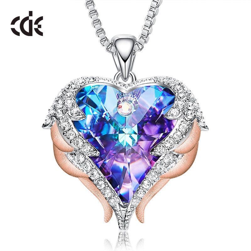 CDE Fashion Angel Wings Heart Shape Pendant Necklace with Amethyst Crystal for Women Fine Jewelry Valentine's Day Gifts...  gift for girls