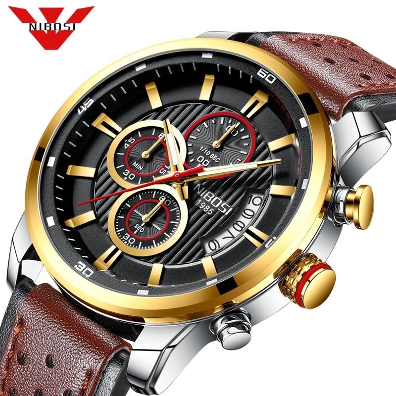NIBOSI Top Brand Luxury Chronograph Quartz Watch Men Sports Watches Military Army Leather Wrist Watch Clock Relogio Masculino