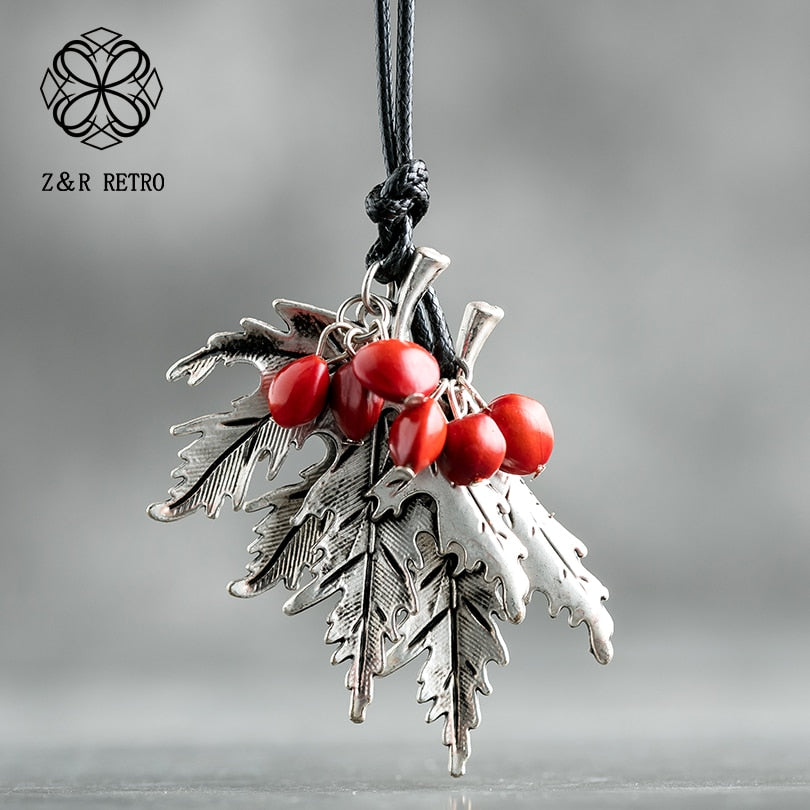 Long Necklaces For Women And Men With Handmade Red Beans Retro Leaf Gift Leather Pendant Necklace Jewelry ....  gift for girls