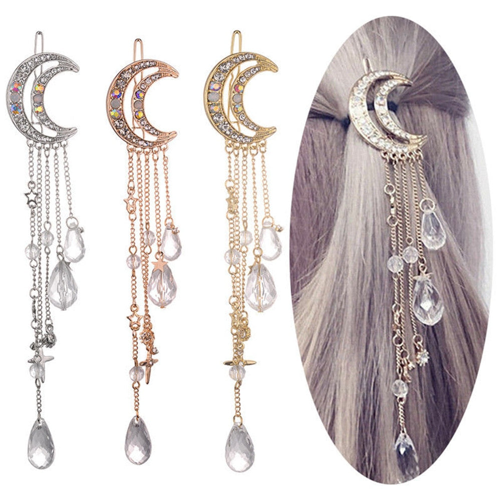 Fashion Elegant Women Lady Moon Rhinestone Crystal Tassel Long Chain Beads Dangle Hairpin Hair Clip Hair Jewelry ...  gift for girls
