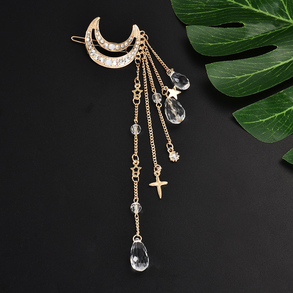 Fashion Elegant Women Lady Moon Rhinestone Crystal Tassel Long Chain Beads Dangle Hairpin Hair Clip Hair Jewelry ...  gift for girls
