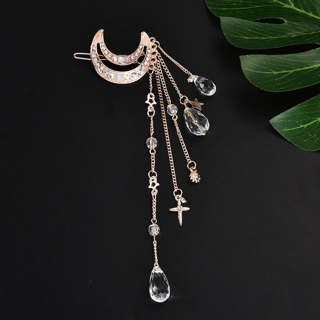 Fashion Elegant Women Lady Moon Rhinestone Crystal Tassel Long Chain Beads Dangle Hairpin Hair Clip Hair Jewelry ...  gift for girls