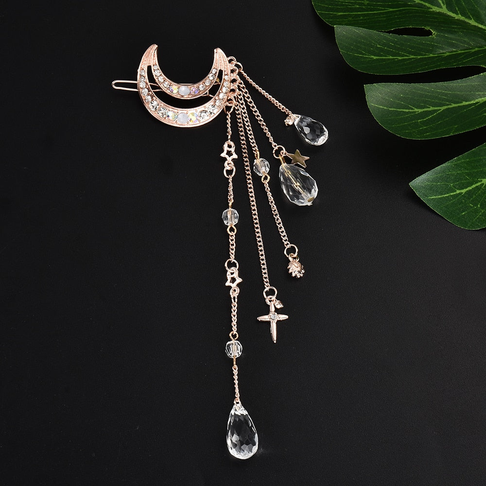Fashion Elegant Women Lady Moon Rhinestone Crystal Tassel Long Chain Beads Dangle Hairpin Hair Clip Hair Jewelry ...  gift for girls