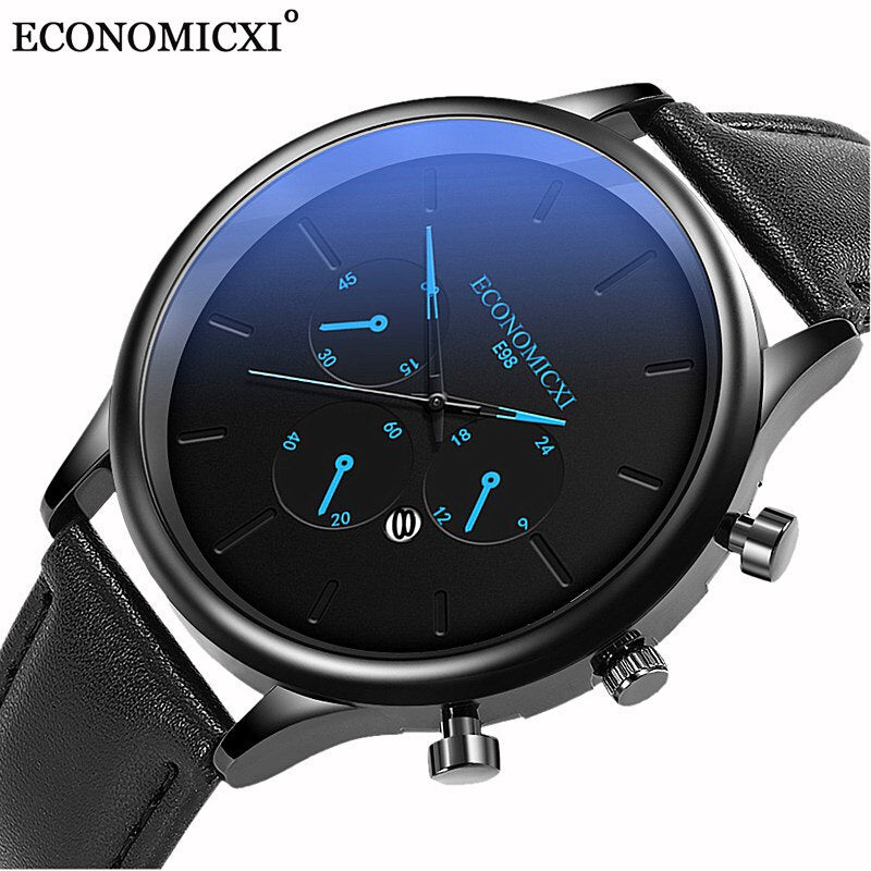 New Blue Casual Leather Man Watch Blue Pointer Belt Quartz Fashion Mens Watch Male WriststWatch Date Clock Relogio Masculino