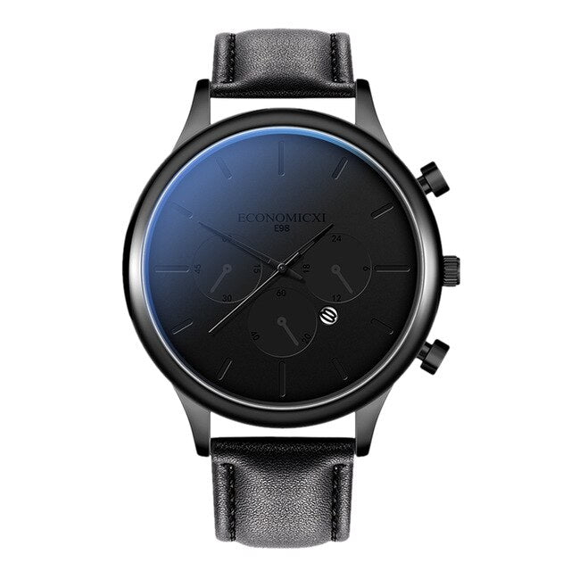 New Blue Casual Leather Man Watch Blue Pointer Belt Quartz Fashion Mens Watch Male WriststWatch Date Clock Relogio Masculino
