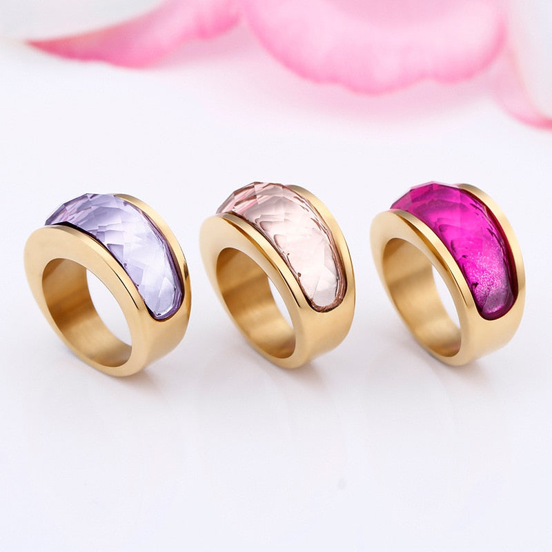 Stainless Steel Crystal Engagement Female Rings Colorful Stone Rings Girls Ladies Party Jewelry Gifts