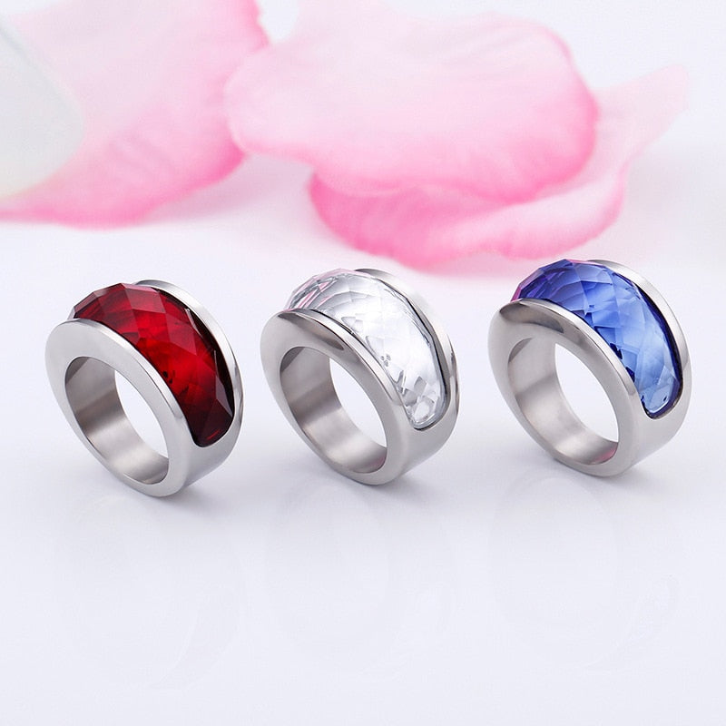 Stainless Steel Crystal Engagement Female Rings Colorful Stone Rings Girls Ladies Party Jewelry Gifts