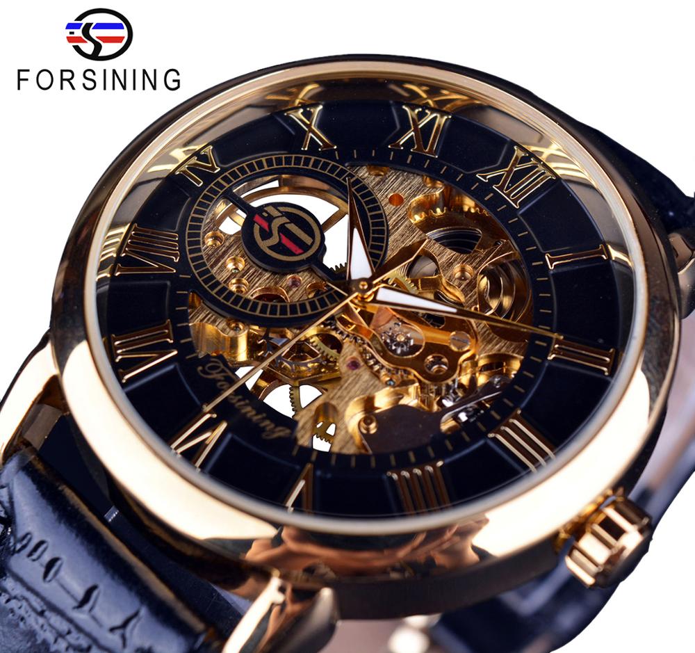 3d Logo Design Hollow Engraving Black Gold Case Leather Skeleton Mechanical Watches Men Luxury Brand Heren Horloge
