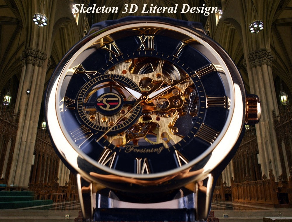 3d Logo Design Hollow Engraving Black Gold Case Leather Skeleton Mechanical Watches Men Luxury Brand Heren Horloge