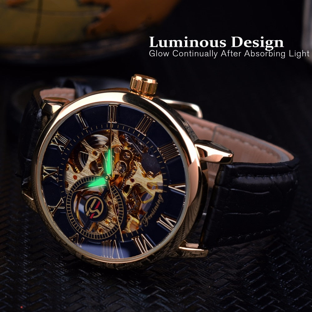3d Logo Design Hollow Engraving Black Gold Case Leather Skeleton Mechanical Watches Men Luxury Brand Heren Horloge