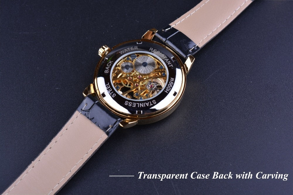 3d Logo Design Hollow Engraving Black Gold Case Leather Skeleton Mechanical Watches Men Luxury Brand Heren Horloge