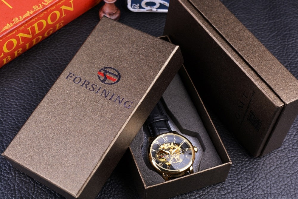 3d Logo Design Hollow Engraving Black Gold Case Leather Skeleton Mechanical Watches Men Luxury Brand Heren Horloge