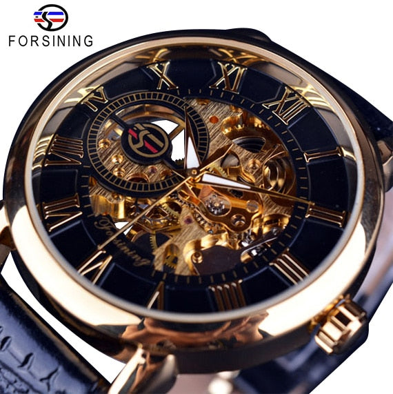3d Logo Design Hollow Engraving Black Gold Case Leather Skeleton Mechanical Watches Men Luxury Brand Heren Horloge