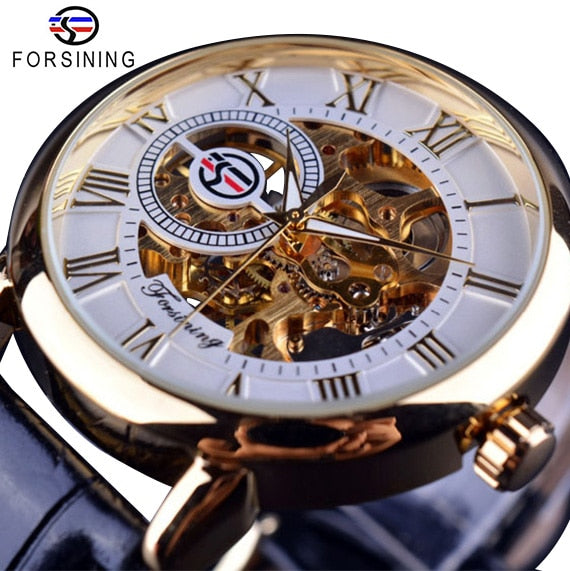 3d Logo Design Hollow Engraving Black Gold Case Leather Skeleton Mechanical Watches Men Luxury Brand Heren Horloge