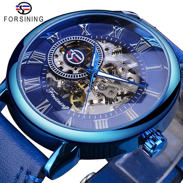 3d Logo Design Hollow Engraving Black Gold Case Leather Skeleton Mechanical Watches Men Luxury Brand Heren Horloge