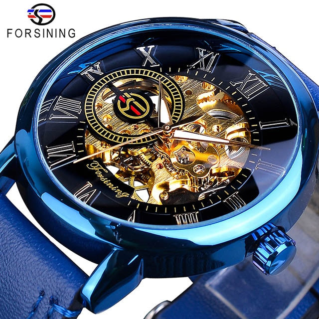 3d Logo Design Hollow Engraving Black Gold Case Leather Skeleton Mechanical Watches Men Luxury Brand Heren Horloge