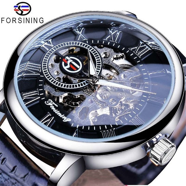 3d Logo Design Hollow Engraving Black Gold Case Leather Skeleton Mechanical Watches Men Luxury Brand Heren Horloge