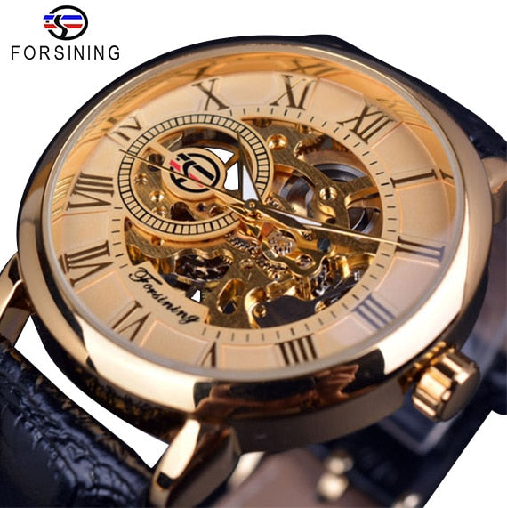 3d Logo Design Hollow Engraving Black Gold Case Leather Skeleton Mechanical Watches Men Luxury Brand Heren Horloge