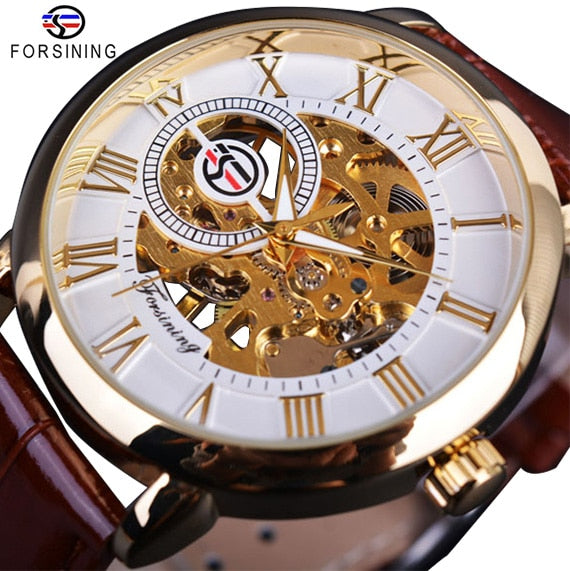 3d Logo Design Hollow Engraving Black Gold Case Leather Skeleton Mechanical Watches Men Luxury Brand Heren Horloge