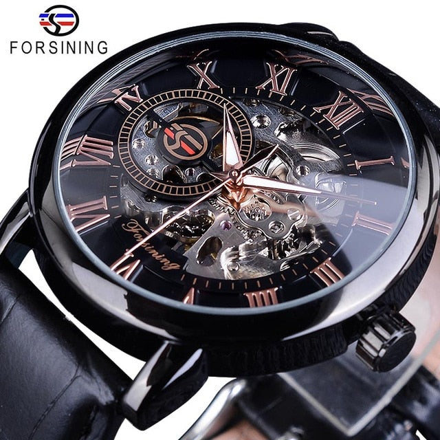 3d Logo Design Hollow Engraving Black Gold Case Leather Skeleton Mechanical Watches Men Luxury Brand Heren Horloge