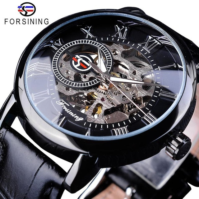 3d Logo Design Hollow Engraving Black Gold Case Leather Skeleton Mechanical Watches Men Luxury Brand Heren Horloge