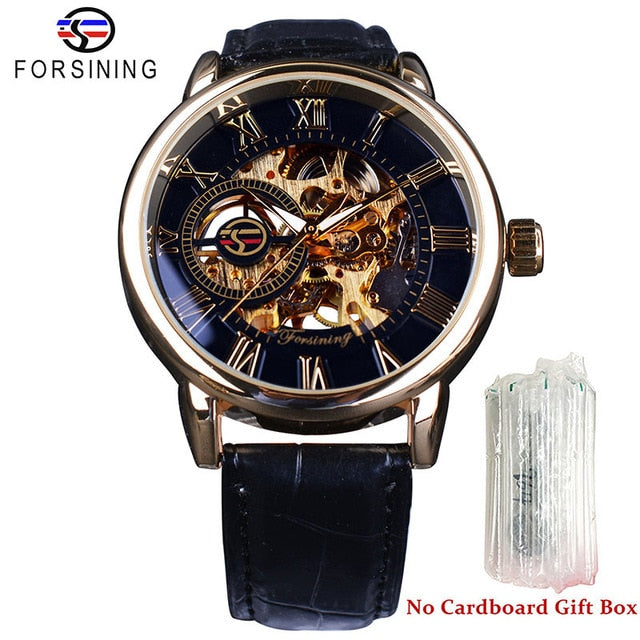3d Logo Design Hollow Engraving Black Gold Case Leather Skeleton Mechanical Watches Men Luxury Brand Heren Horloge
