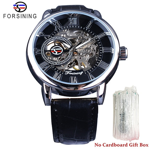 3d Logo Design Hollow Engraving Black Gold Case Leather Skeleton Mechanical Watches Men Luxury Brand Heren Horloge