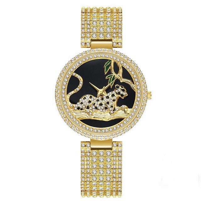 MISSFOX Women Watches Women Luxury Brand Fashion Black Leopard Gold Watch Diamond Womens Watches Top Brand Female Wrist Watch