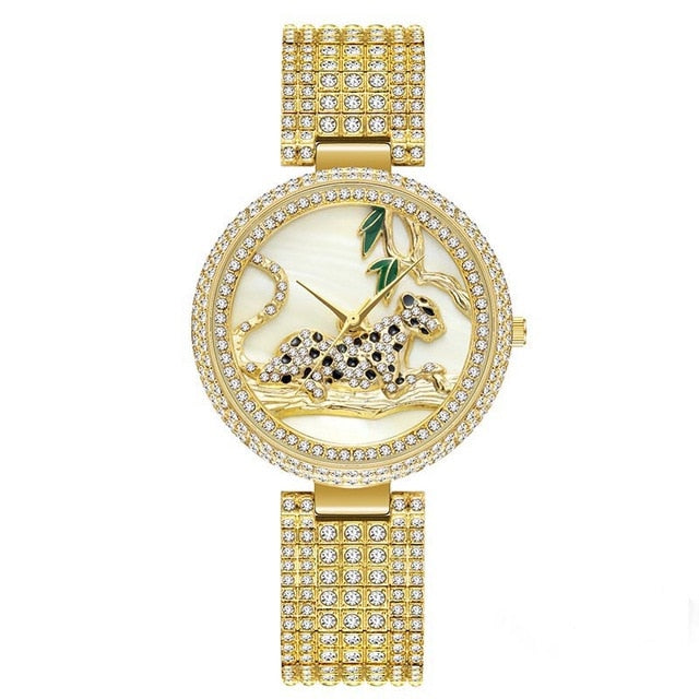 MISSFOX Women Watches Women Luxury Brand Fashion Black Leopard Gold Watch Diamond Womens Watches Top Brand Female Wrist Watch