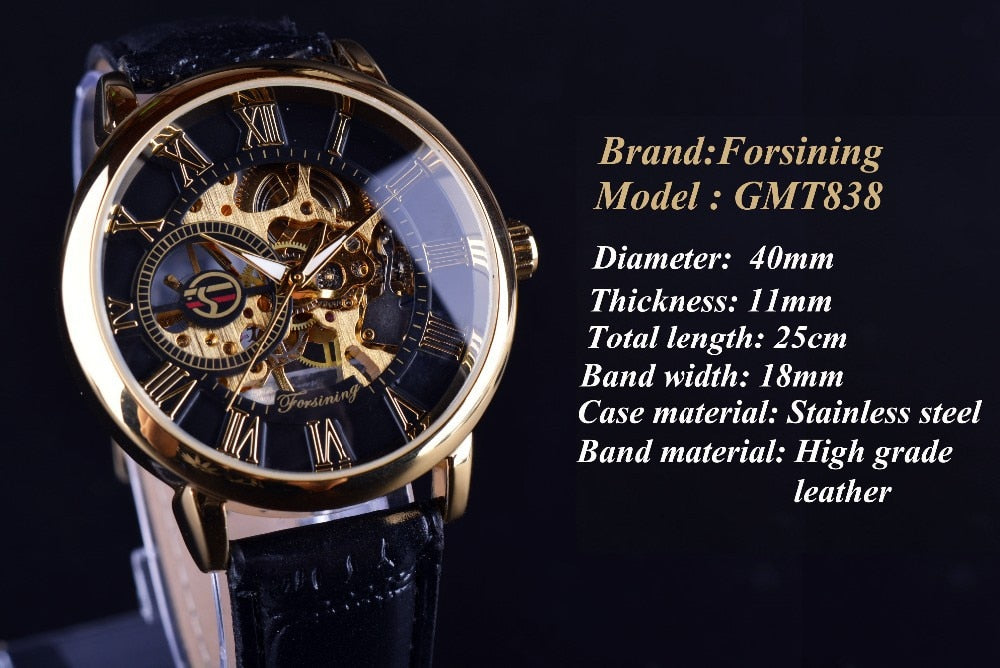 3d Logo Design Hollow Engraving Black Gold Case Leather Skeleton Mechanical Watches Men Luxury Brand Heren Horloge