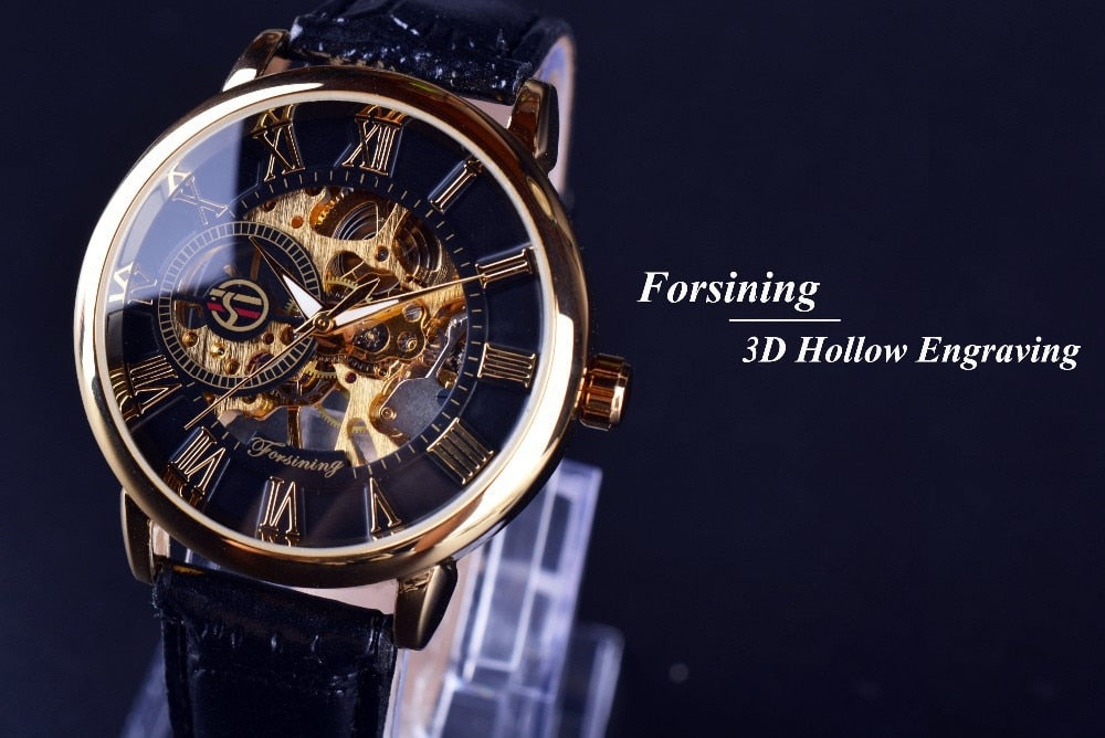 3d Logo Design Hollow Engraving Black Gold Case Leather Skeleton Mechanical Watches Men Luxury Brand Heren Horloge