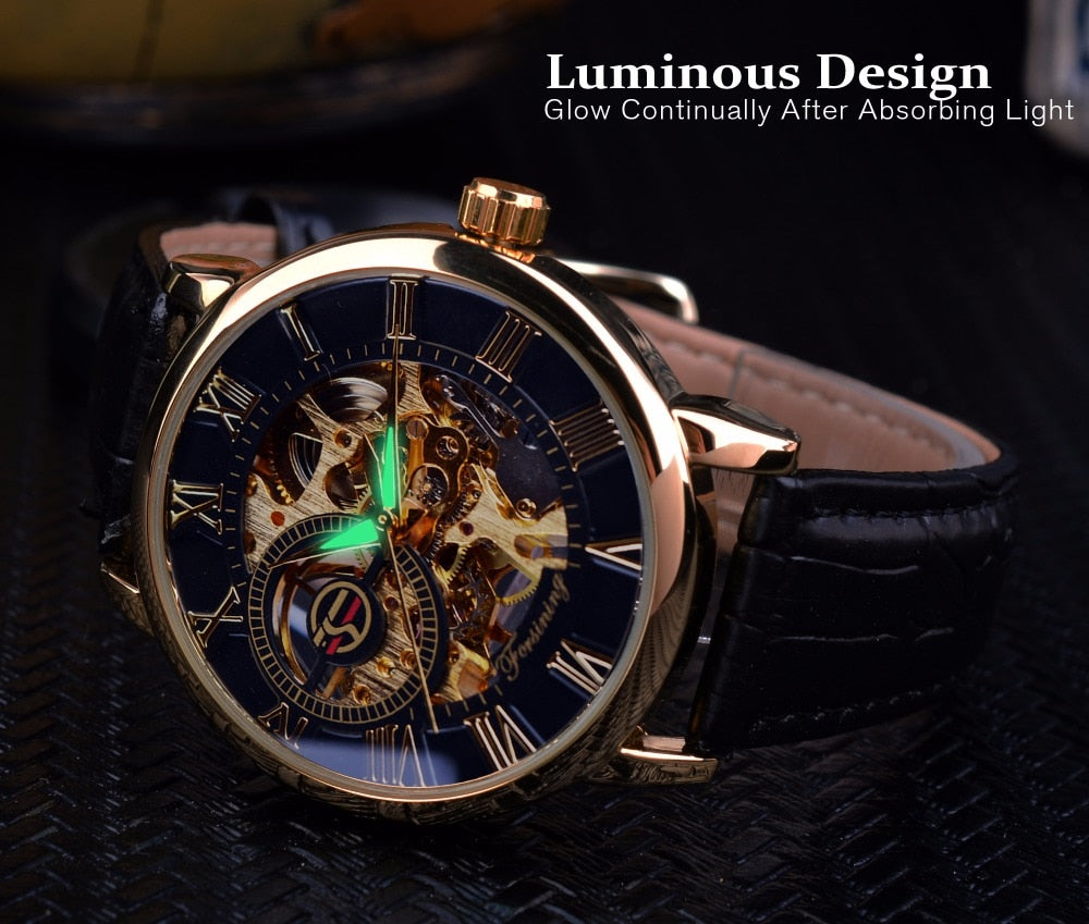 3d Logo Design Hollow Engraving Black Gold Case Leather Skeleton Mechanical Watches Men Luxury Brand Heren Horloge