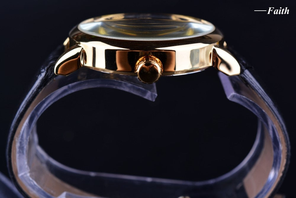 3d Logo Design Hollow Engraving Black Gold Case Leather Skeleton Mechanical Watches Men Luxury Brand Heren Horloge
